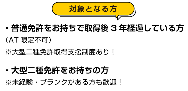 対象となる方：普通免許をお持ちで取得後３年経過している方（ＡＴ限定不可）※大型二種免許取得支援制度あり！／大型二種免許をお持ちの方※未経験・ブランクがある方も歓迎！